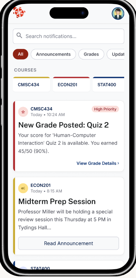 Better Terp notifications screen with grade alerts
