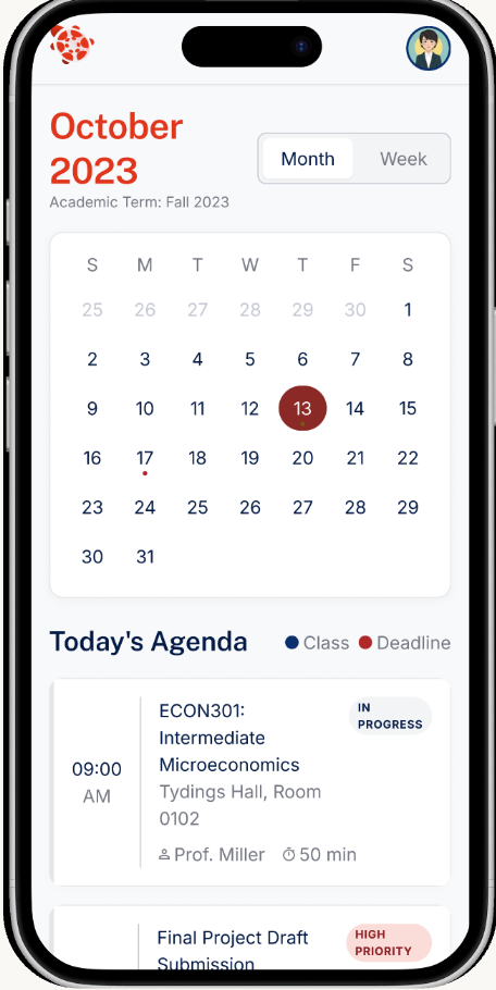 Better Terp monthly calendar with today's agenda