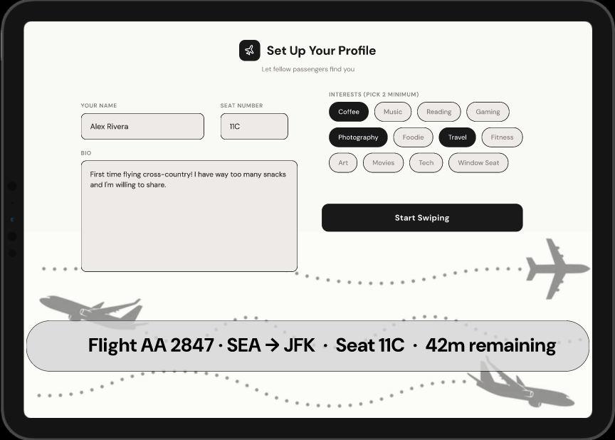 SeatMate profile setup screen