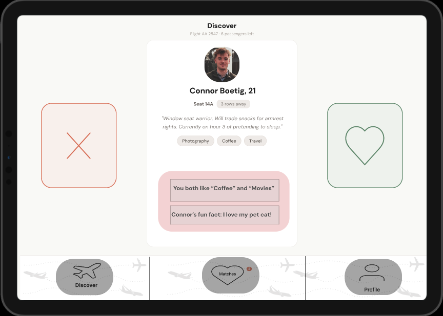 SeatMate discover and swipe screen