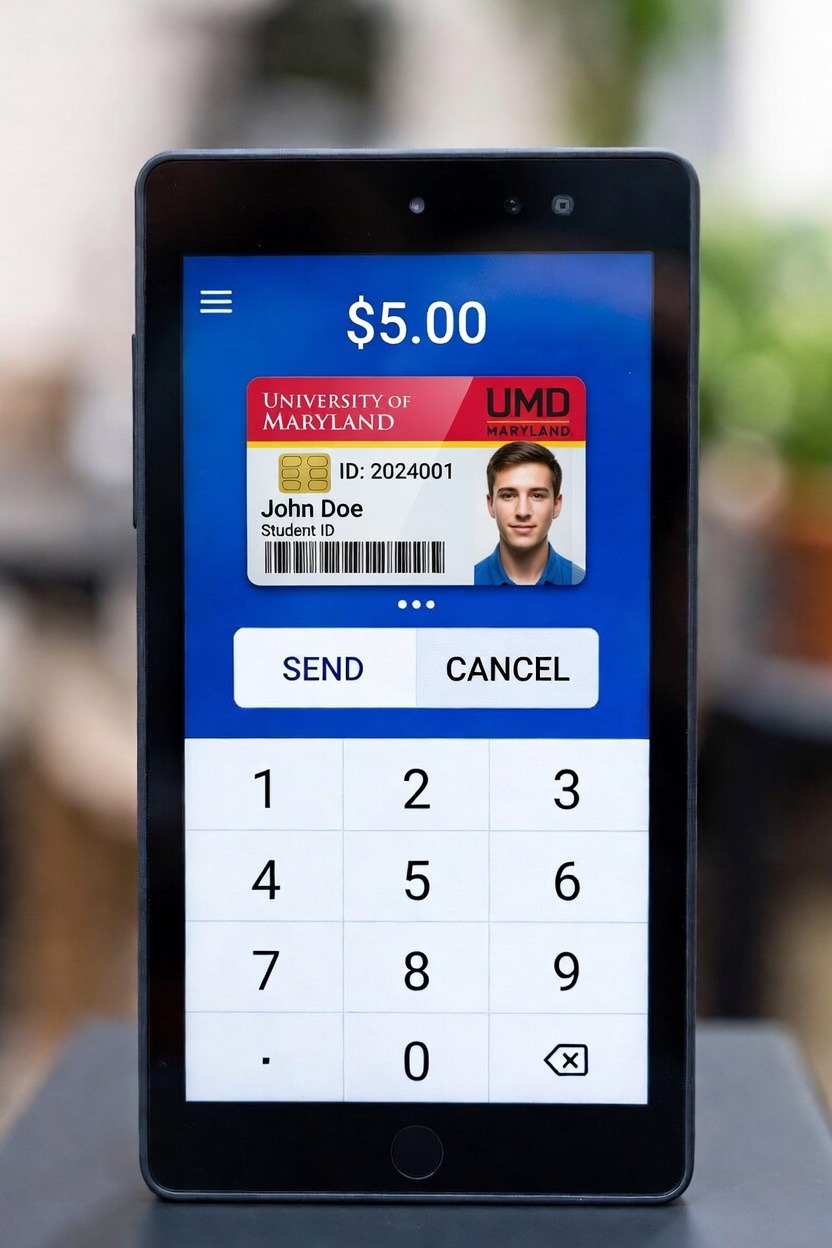 UMD student card showing $5 dining dollars added