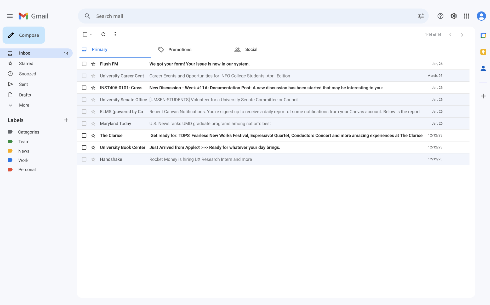 Gmail inbox view showing FlushFM status in subject line