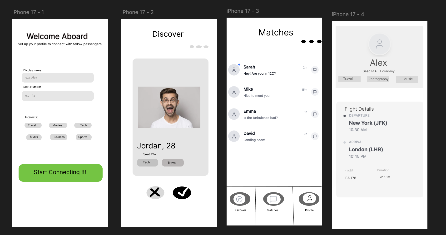 A3 first Figma prototype showing Welcome, Discover, Matches, and Profile screens